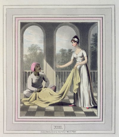 Egy európai hölgy, aki utasításokat ad Durzee-jének, vagyis bennszülött szabójának, az 1813-ban megjelent „Az európai Indiában” című könyv 13. tábláján (kézzel színezett akvatinta) alkotó: Charles d Oyly